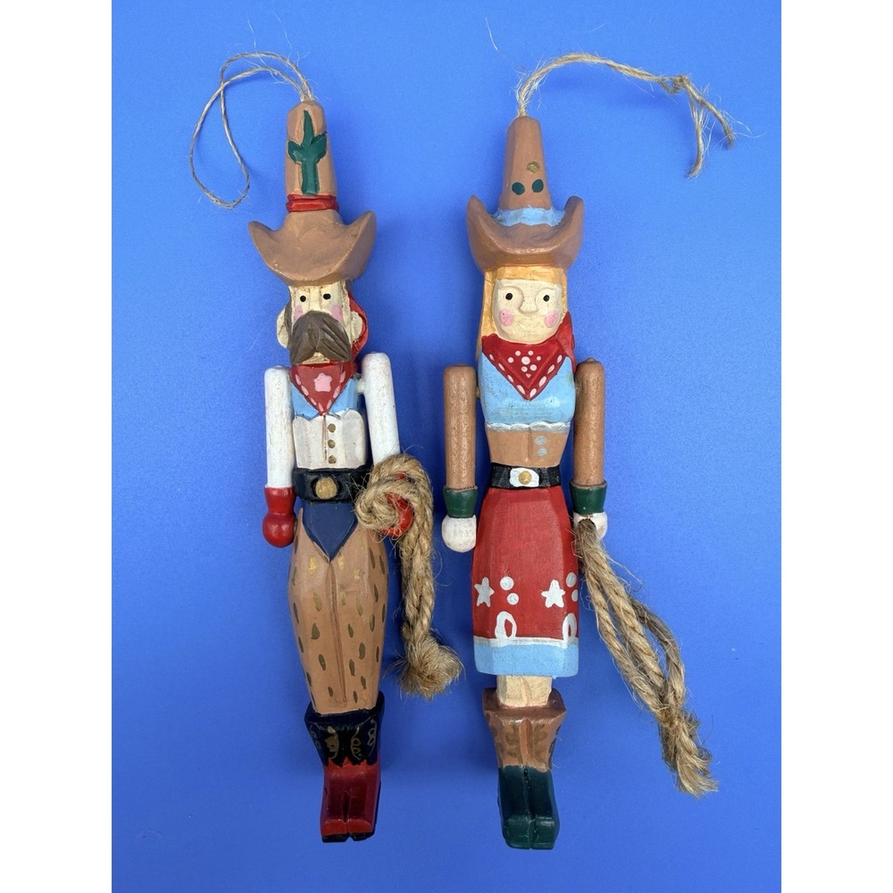 Vintage Wood Cowboy Cowgirl Christmas Ornaments Pair Western Folk Art Rope